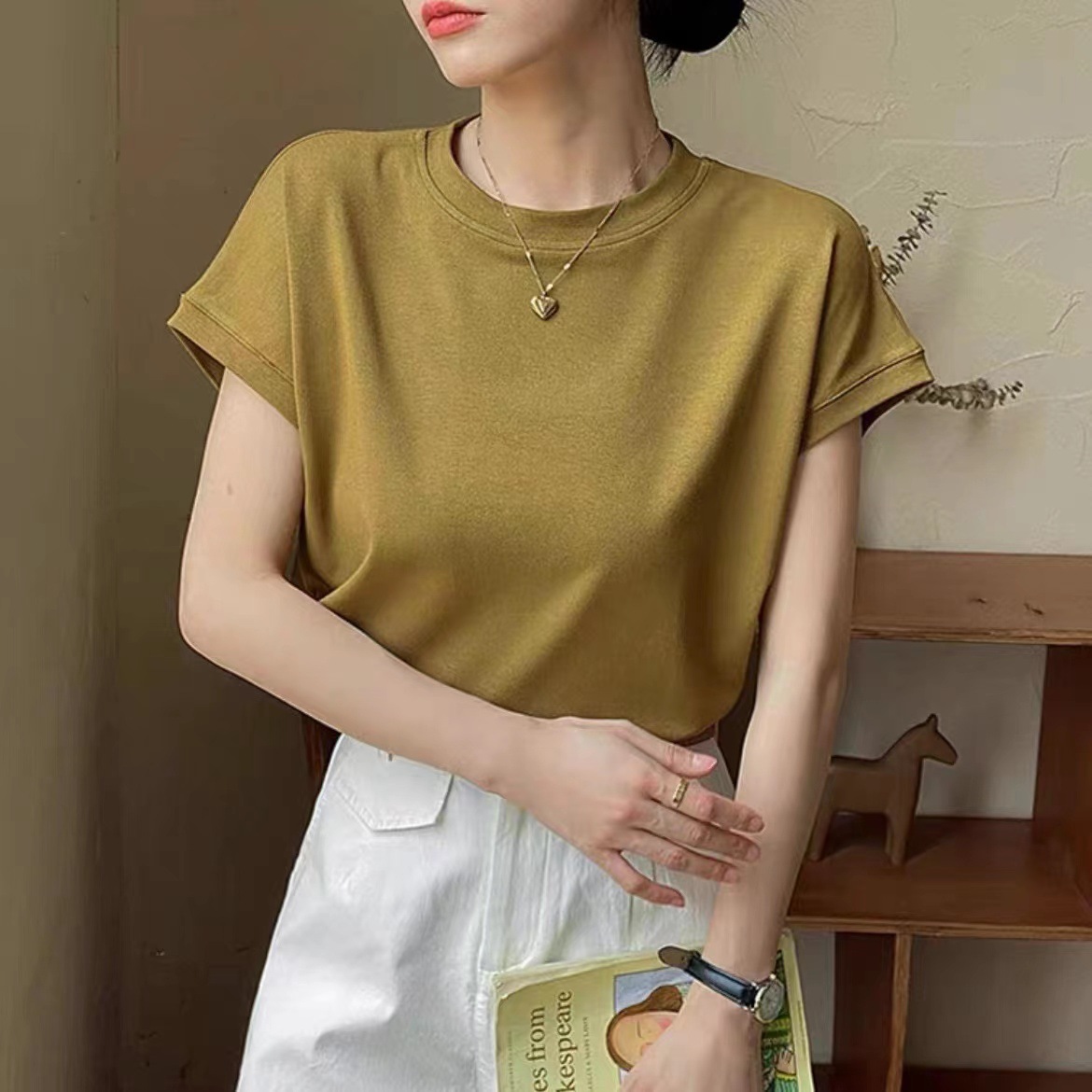 Feifei Sleeve short-sleeved T-shirt for women, 260g small Feifei sleeve solid color light version, one-sleeve European style thin top, base layer, sent on delivery pic 8