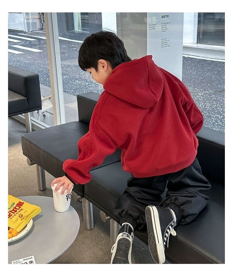 儿童字母刺绣加绒加厚新年红色连帽套头卫衣冬韩版男女童宽松上衣详情18