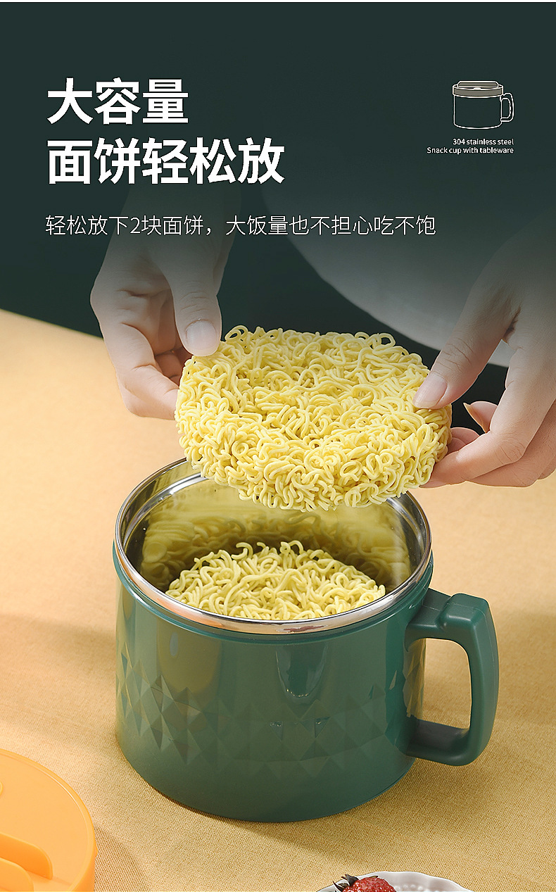 304不锈钢泡面碗带盖保温碗宿舍用学生饭盒杯 带手柄吃饭碗高颜值详情11
