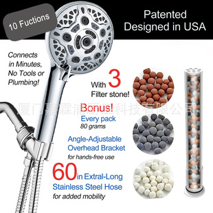 亚马逊跨境除氯增压净水喷枪10功能花洒背部喷水调节淋浴手持花洒详情1
