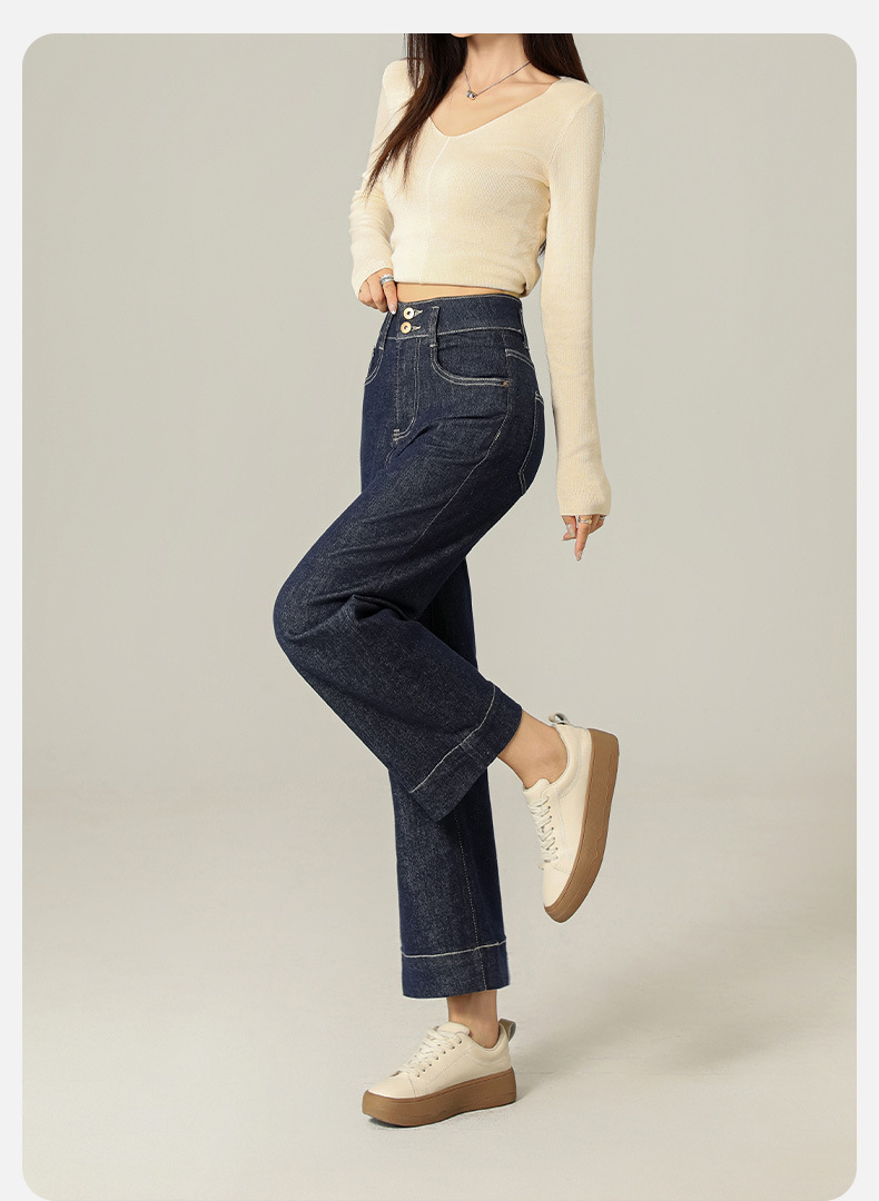 Anti-fading stretch denim natural-color jeans for women in autumn with a button-down design, high-waisted, petite straight-leg 9-inch pants pic 7