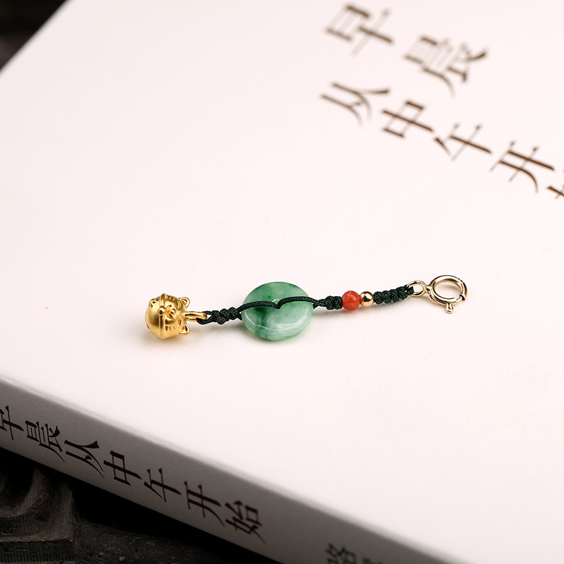 18K pure gold handcrafted 999 pure gold bell, natural spinach, green jasper and Hetian jade bracelet, gold coin DIY small drop flow pic 14