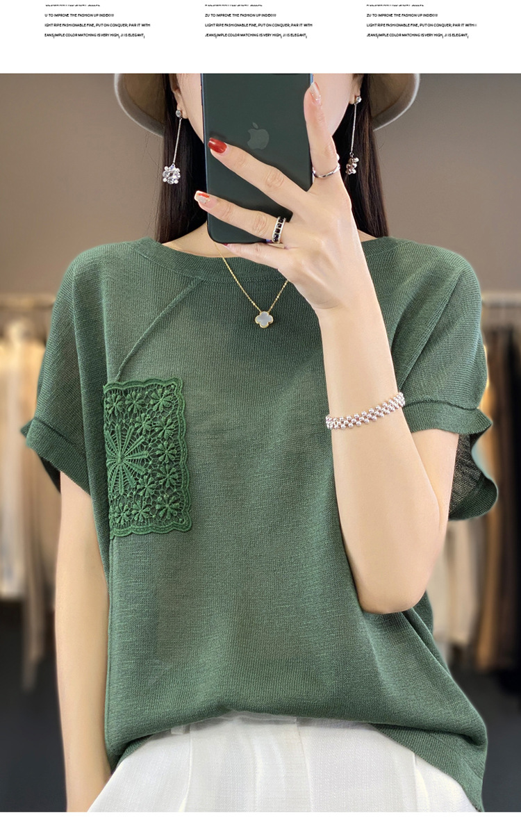 圆领亚麻冰丝短袖t恤女夏季洋气时尚百搭减龄别致薄款针织衫上衣详情13
