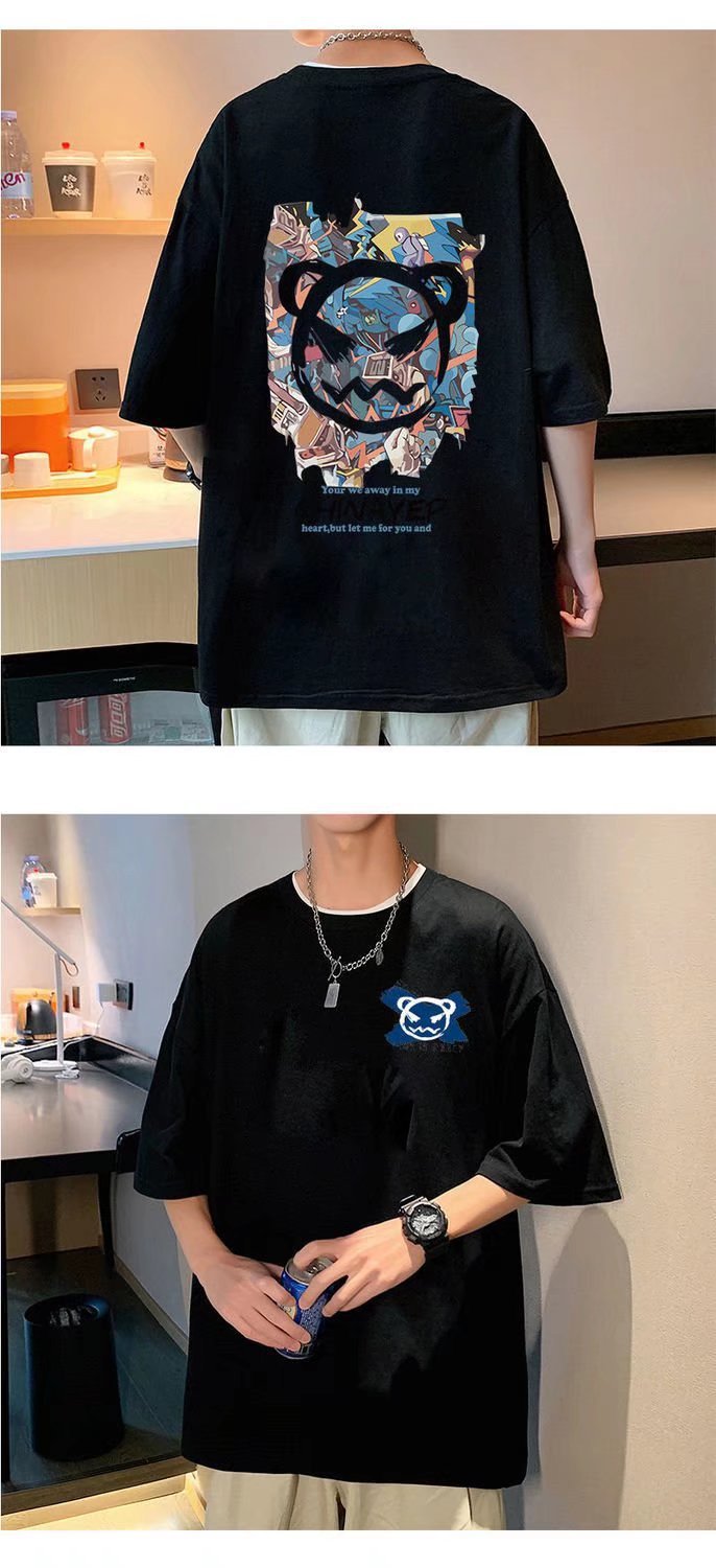 Summer Hong Kong-style devil graffiti short-sleeved T-shirt for men, ins trend loose couple half-sleeved T-shirt for casual wear, thin clothes pic 8