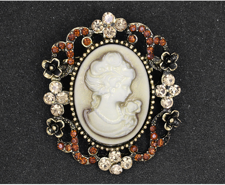 欧美时尚水钻美人头胸针 电镀合金复古胸花女 服装配饰品别针批发详情6