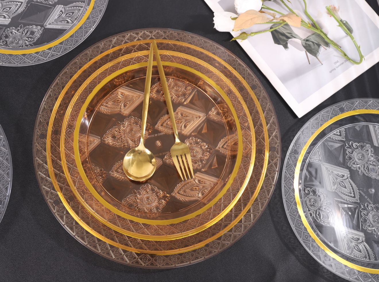Amber transparent tray, round dining tea tray, coffee table, cups, tea cups and water cups, home living room dinner plate set pic 4