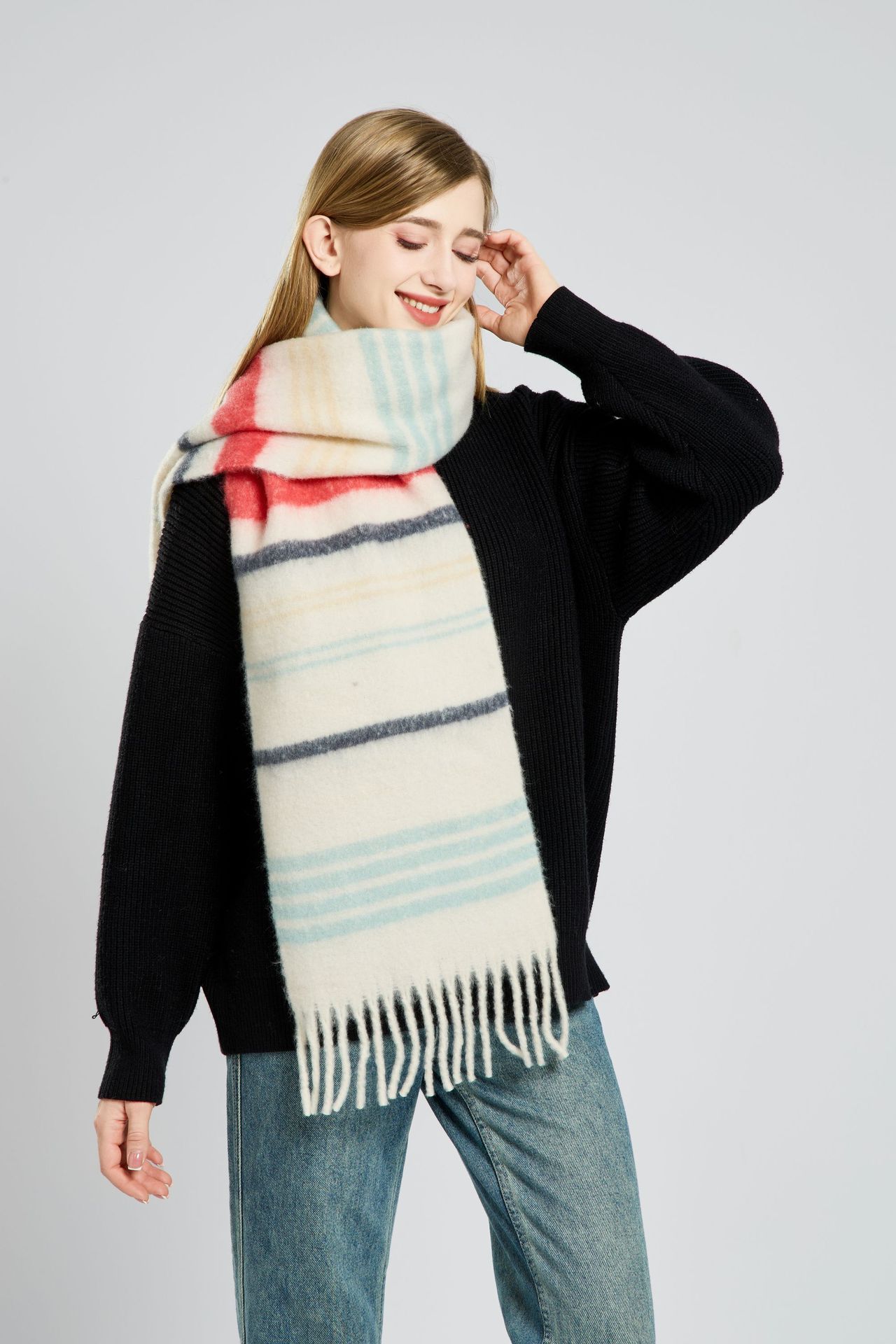 Korean-style knitted woolen scarf for women, thickened mohair for autumn and winter, warm in winter, versatile scarf, red shawl pic 8