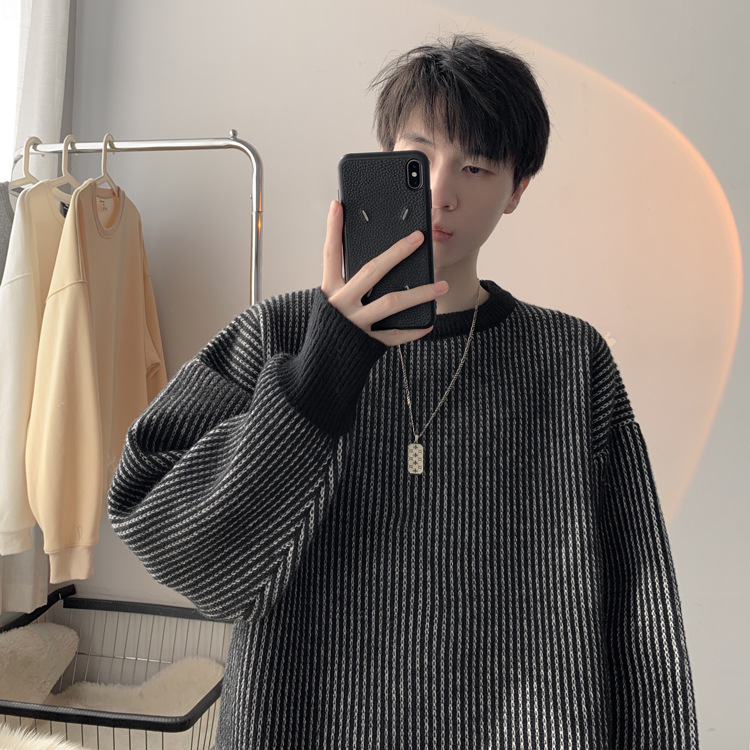圆领条纹毛衣男款秋冬新款时尚套头针织衫日系复古宽松百搭上衣服详情15