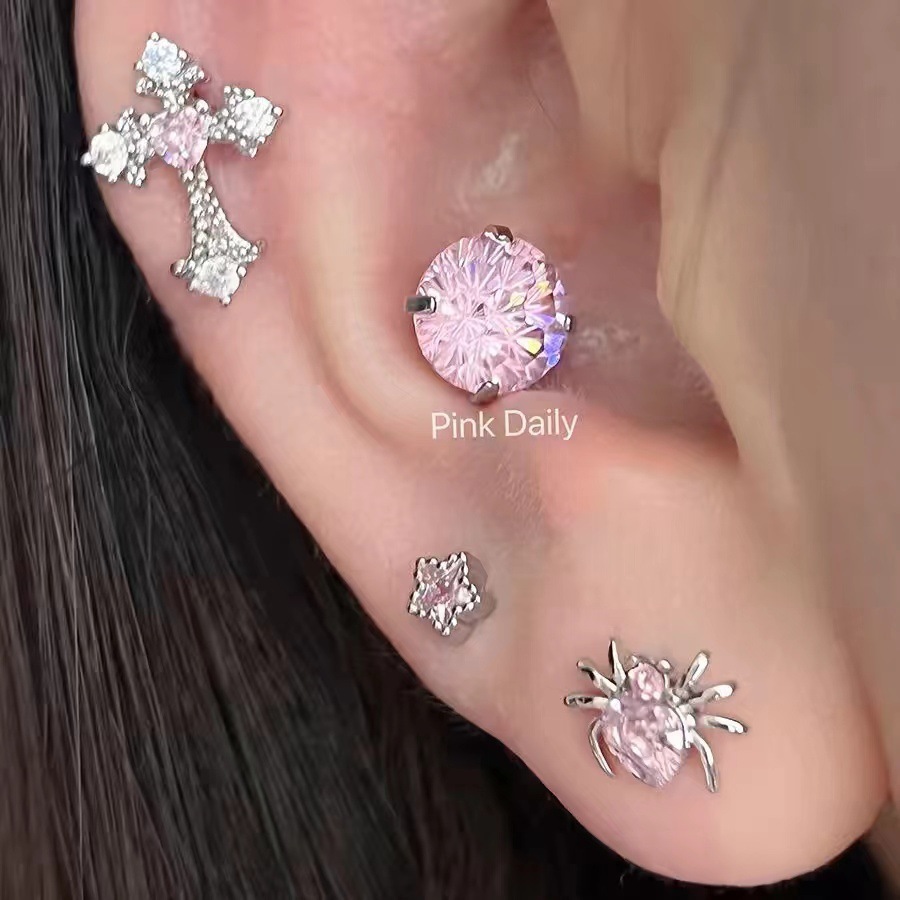 The new pink zircon cross ear bone stud titanium steel screw firework cut cochlear stud butterfly earrings are very stylish pic 4