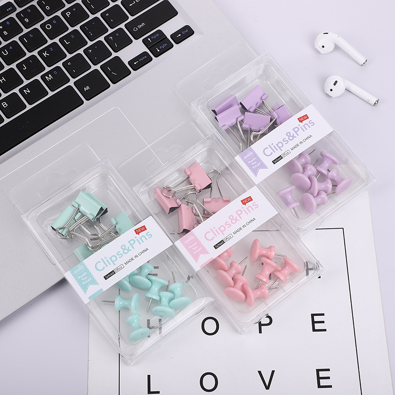 Cross-border 2-in-1 office combo set, macaron-colored large and small paper clip, ticket holder, thumbtack, swallowtail clip, box set pic 5