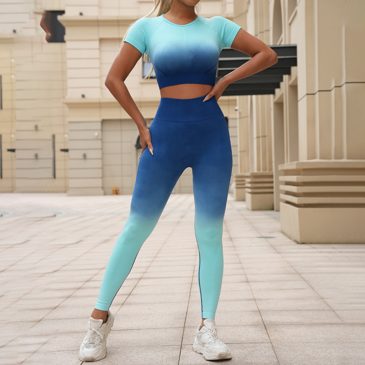 跨境渐变无缝瑜伽服套装女速干运动健身服上衣短袖蜜桃臀瑜伽长裤详情20