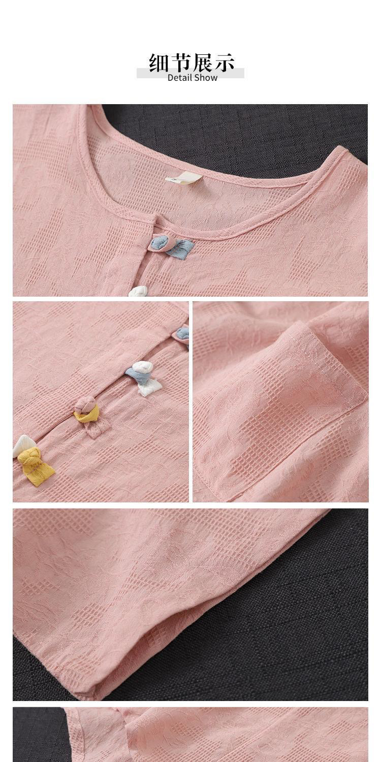 复古薄款盘扣防亚麻上衣女士夏季短袖不规则白色T恤打底棉麻衬衣详情16