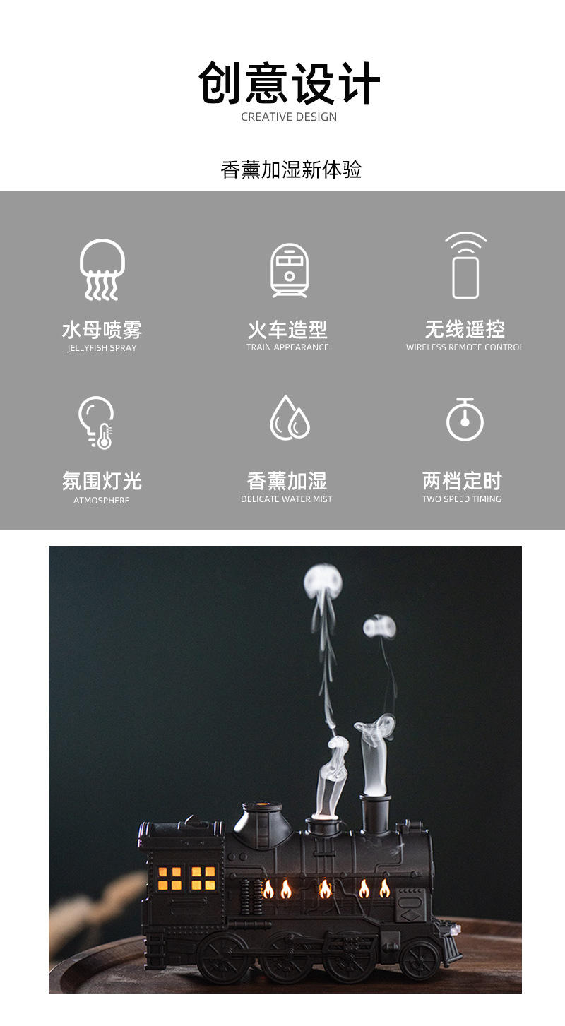 跨境新品复古小火车香薰机 家用大雾量遥控精油扩香桌面摆件 加湿器静音其他分类详情13