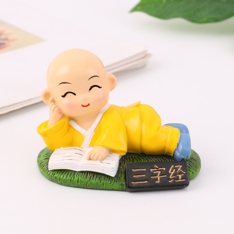 新款可爱卡通桌面小摆件四书五经博学看书小和尚树脂工艺品摆件详情6