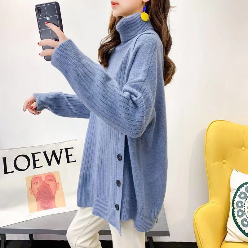 A new Korean style high-neck sweater for women in the autumn and winter of 2023, a loose and laid-back mid-length irregular knitted top pic 15