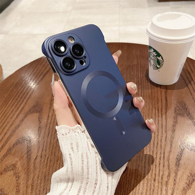 适用苹果15Promax无边框磁吸手机壳金属漆iPhone13镜头膜全包硬壳详情14