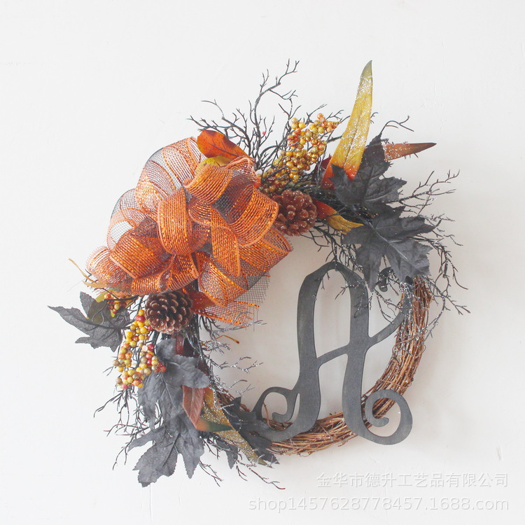 Desheng Cross-border E-commerce Amazon Halloween Simulation black maple leaves, pumpkins, ribbons, branches, wooden signs, rattan rings, garlands pic 1