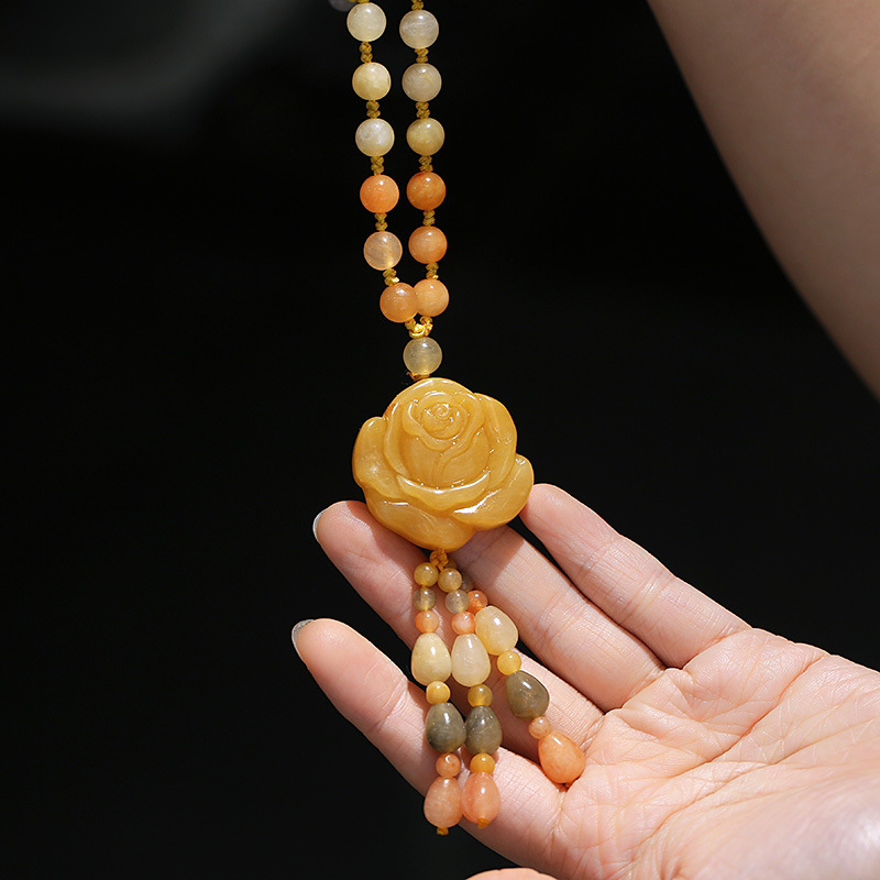 Retro ethnic style gold thread jade round bead necklace, sweater chain, long tricolor jade pendant, factory direct sales pic 9