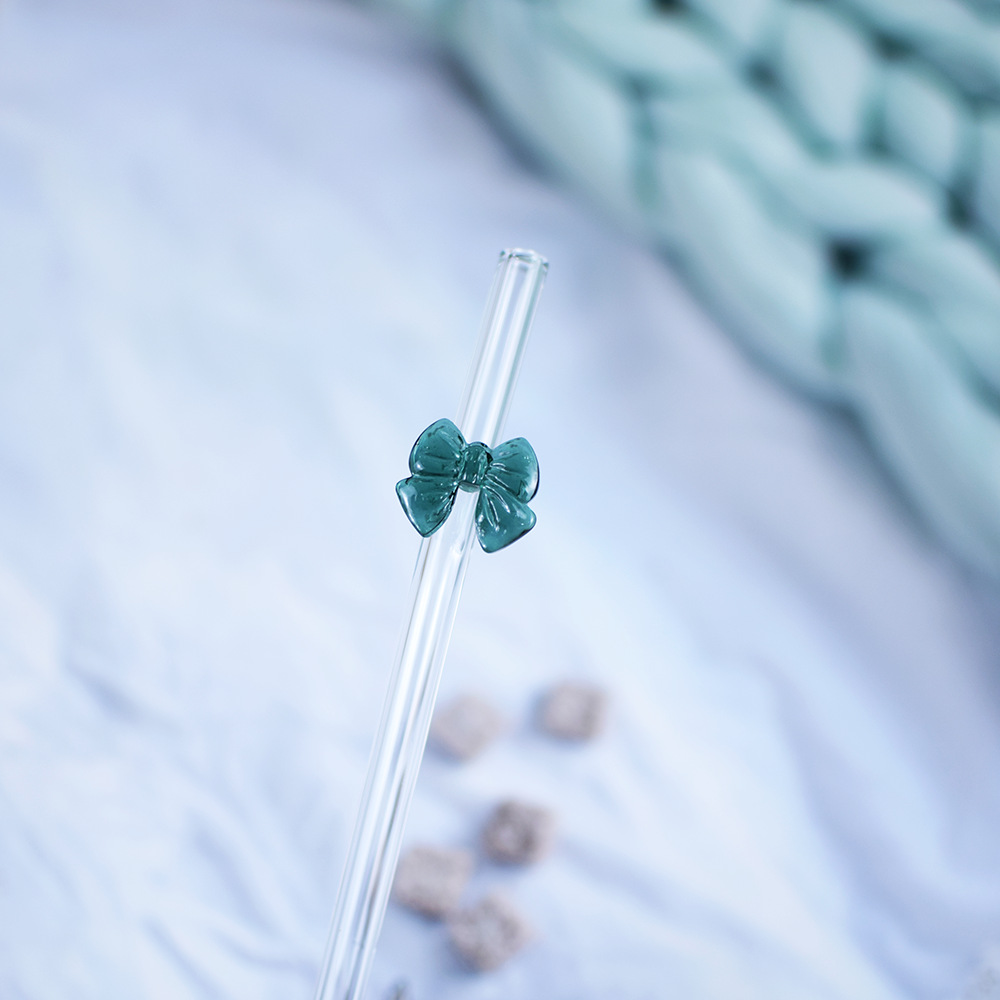 定制高硼硅透明玻璃吸管蝴蝶结樱桃爱心创意手工花朵饮料弯管20CM详情9