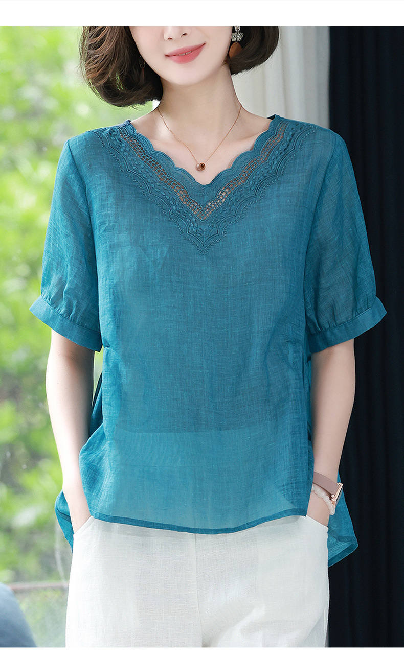 棉麻上衣女士短袖妈妈苎麻小衫夏季t恤2022新款休闲宽松亚麻衬衫详情16