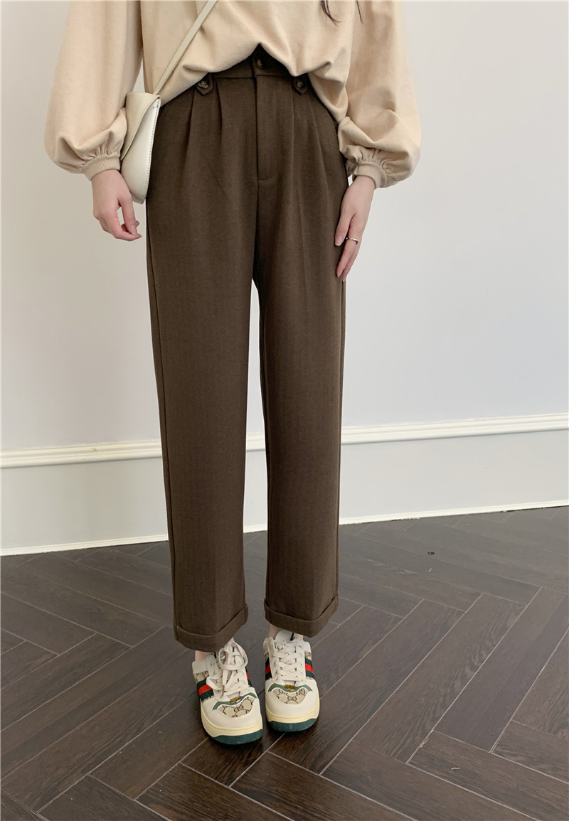 Apricot-colored woolen pants for women in the autumn and winter of 2022: loose, slimming, thickened, warm, and casual, grandma and dad pants pic 9