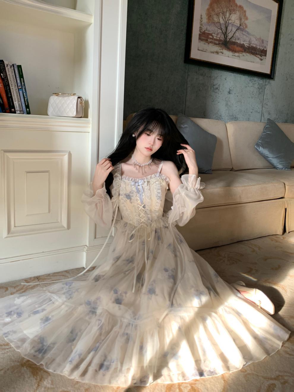 2024新款仙气甜美印花网纱蕾丝花边吊带裙女夏季大摆显瘦公主长裙详情2