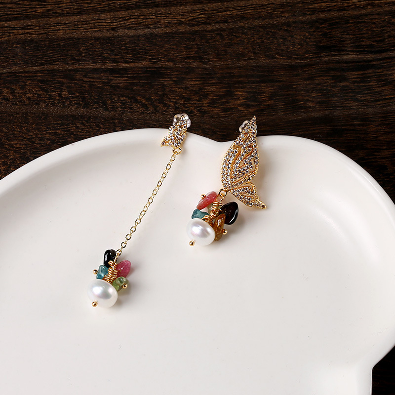 Rainbow Micro Light Retro Series 14k gold-plated Earrings for Women, Natural Tourmaline Pearl Butterfly Asymmetrical Retro Earrings pic 6