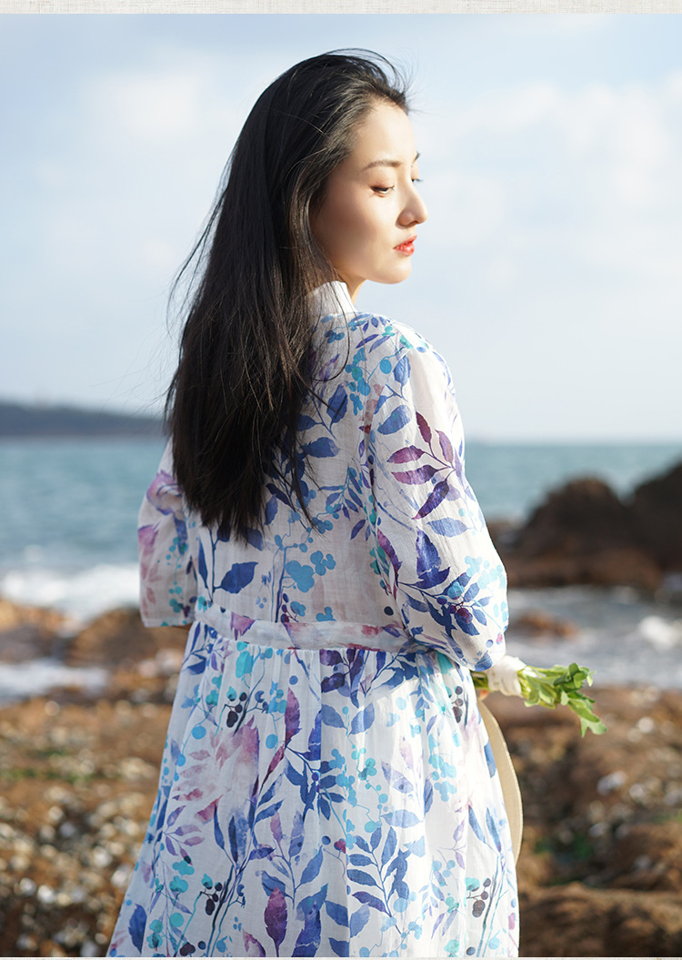 新中式棉麻女装2023春夏季新款碎花连衣裙女翻领显瘦女士苎麻长裙详情27