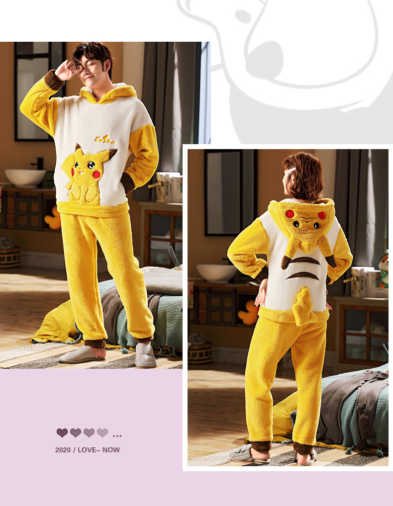 长毛绒冬季卡通情侣加厚加绒睡衣女帽子外穿法兰绒套装男士家居服详情90