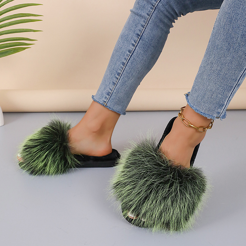 2024新款长毛绒拼色平底毛毛拖鞋女秋冬居家室内地板拖外贸一字拖详情11