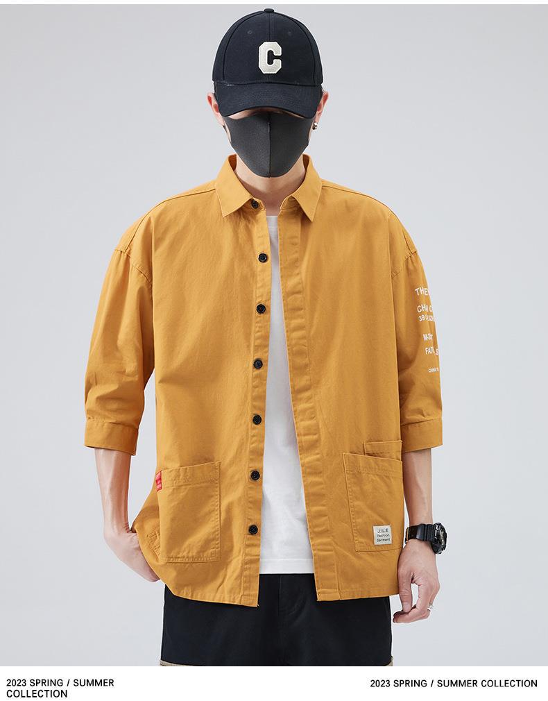 衬衫男士夏装新款韩版帅气潮流短袖衬衣服休闲学生七分袖外套寸衣详情13