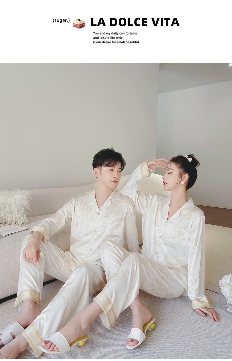 2023春季新款情侣睡衣女印花冰丝长袖长裤套装可外穿男士家居服夏详情11