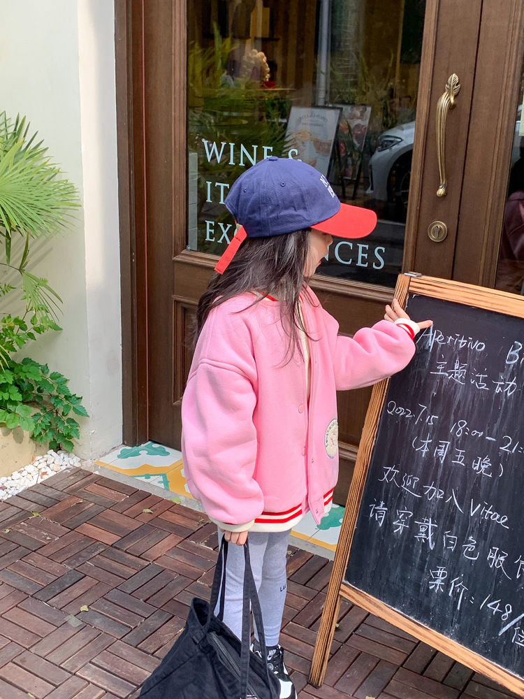 TCkids2022AW Autumn/Winter Edition fleece thickened embroidered label pink baseball jacket pic 14