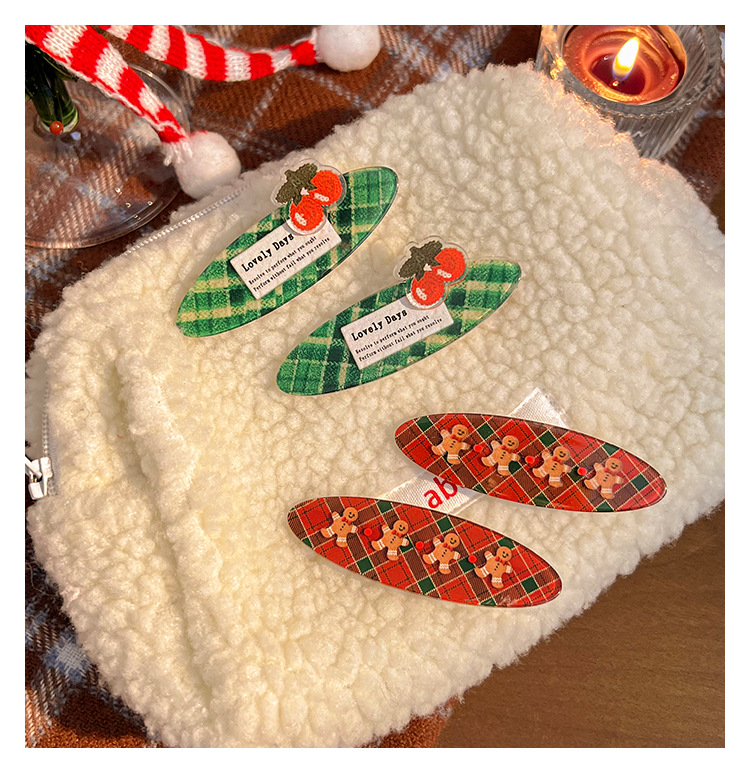 圣诞节格纹发夹可爱姜饼人刘海夹发卡少女心边夹儿童鸭嘴夹发饰详情8