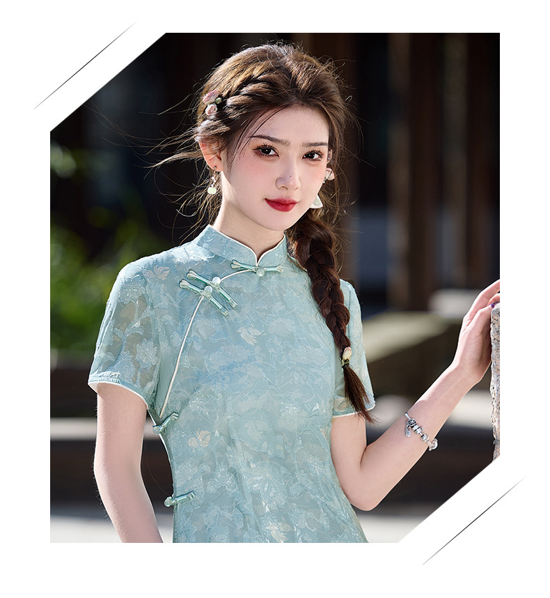 国潮改良新中式旗袍2025年春夏新款日常淡蓝韩国纱双层年轻款少女感详情1