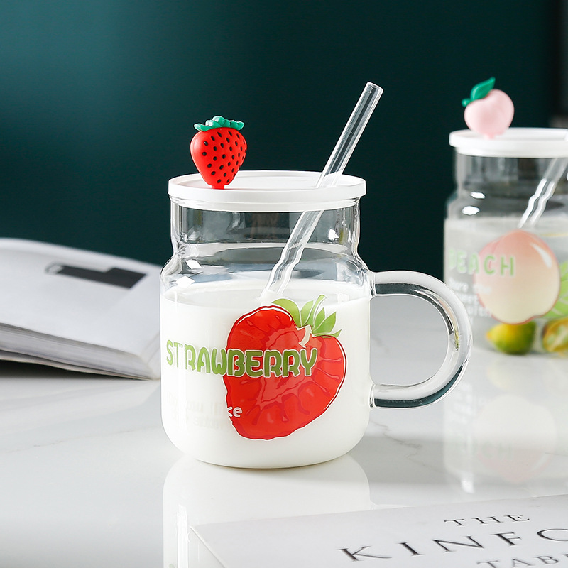 Creative large-capacity fruit glass water cup, cute in summer, high appearance level, covered straw, home drinking cup pic 7