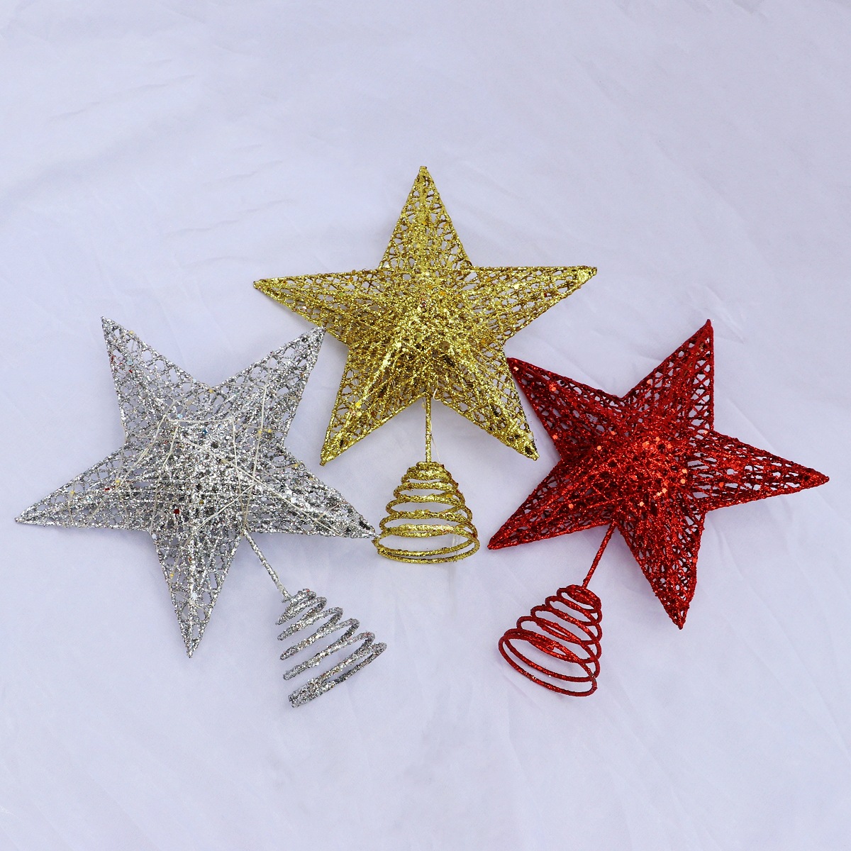 2025圣诞树顶星 铁艺发光带灯立体五角星 树顶星金粉圣诞树顶装饰详情5