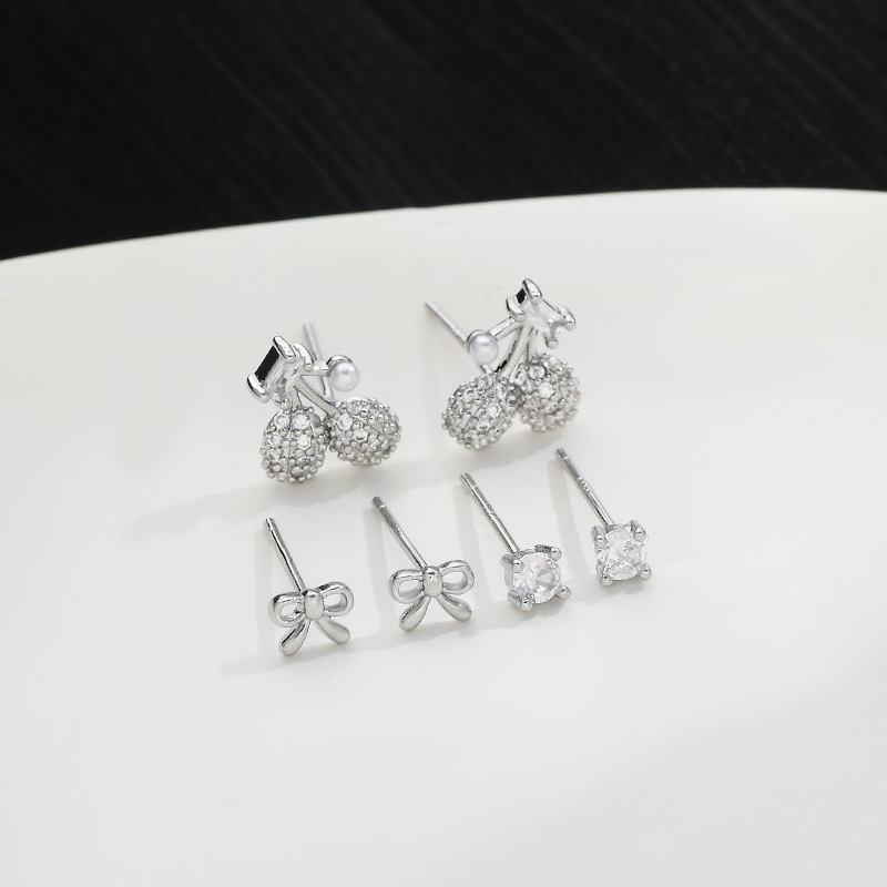 S925银针一卡三对套装耳钉女睡觉不用摘樱桃蝴蝶结耳饰品学生耳坠详情6