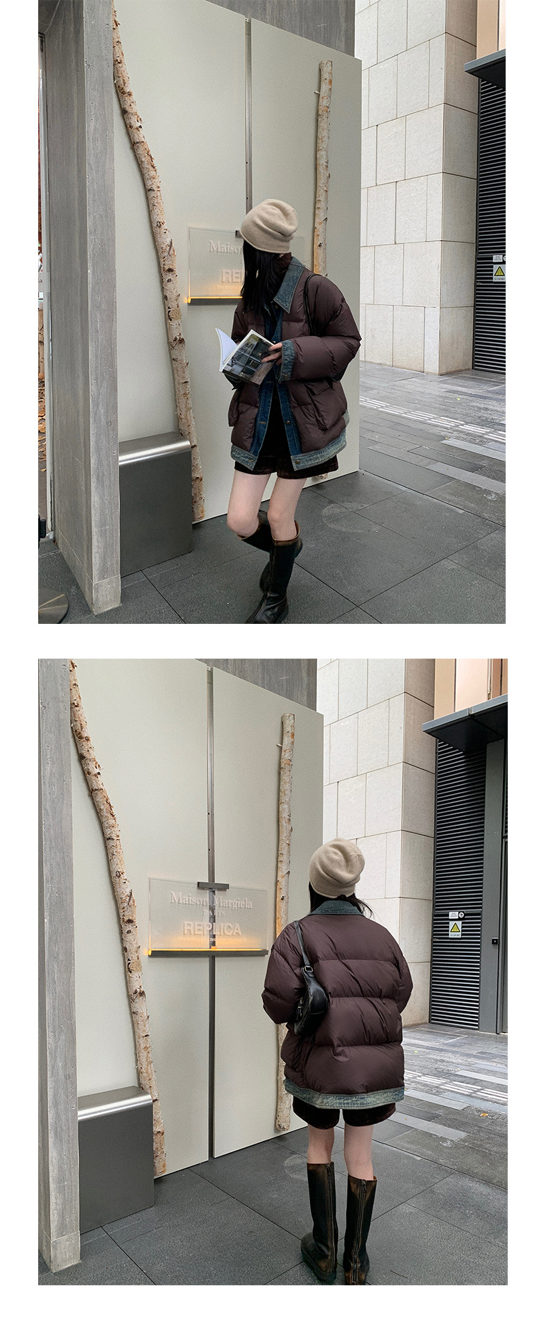 Qumeng DT CLASSIC Retro patchwork fake two-piece denim down jacket for women, 90 white duck down winter coat for women pic 53