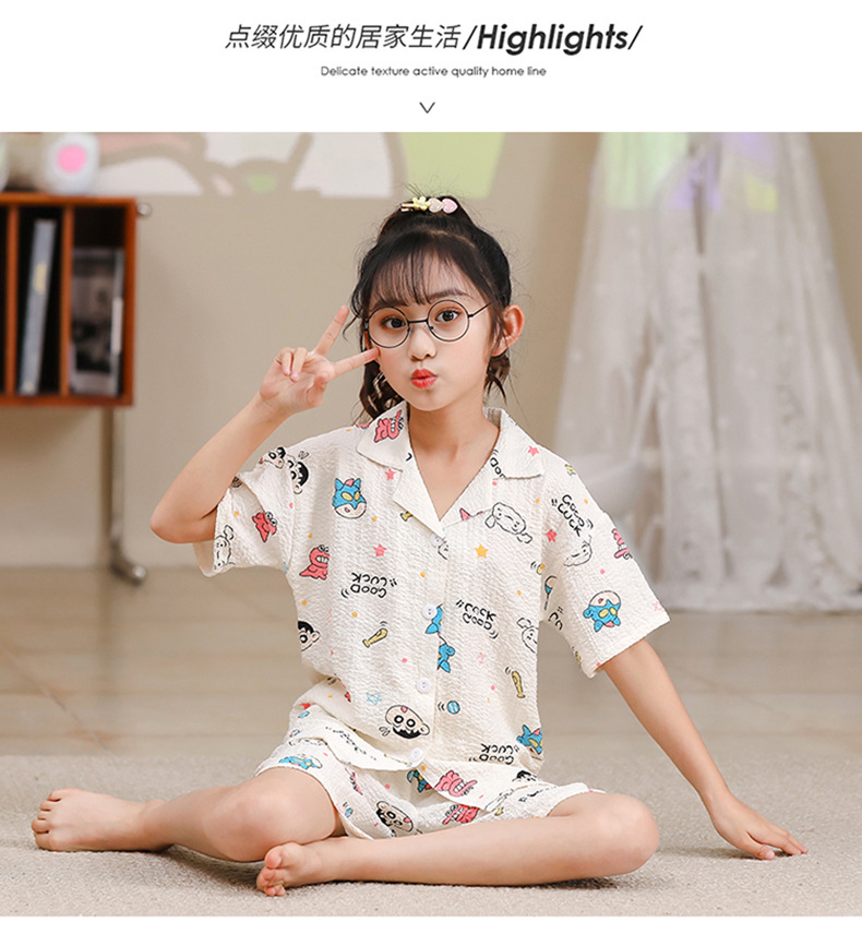 2023女童睡衣儿童夏季短袖短裤泡泡绉布套装女孩开衫大童家居服夏详情46