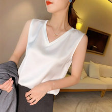 夏季新款仿真丝缎面网纱拼接圆领显瘦短袖T恤上衣女桑蚕丝百搭潮详情13
