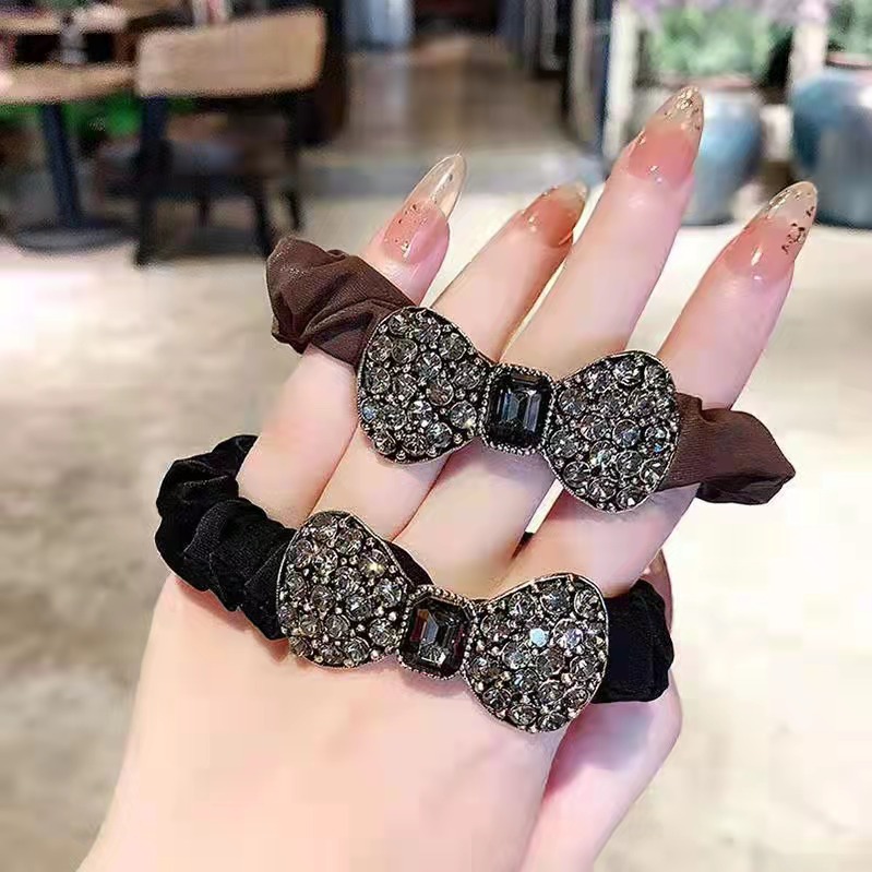 Light luxury water diamond bow hair tie headband, Korean-style fabric small intestine loop, simple chanel-style leather band hair accessory pic 2