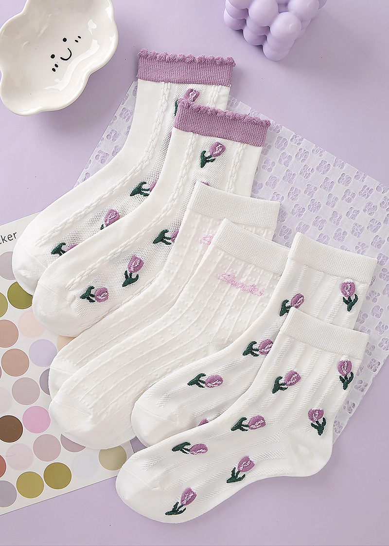 郁金香袜子女秋冬季中筒袜百搭甜美ins潮学院风女袜可爱长袜批发详情1