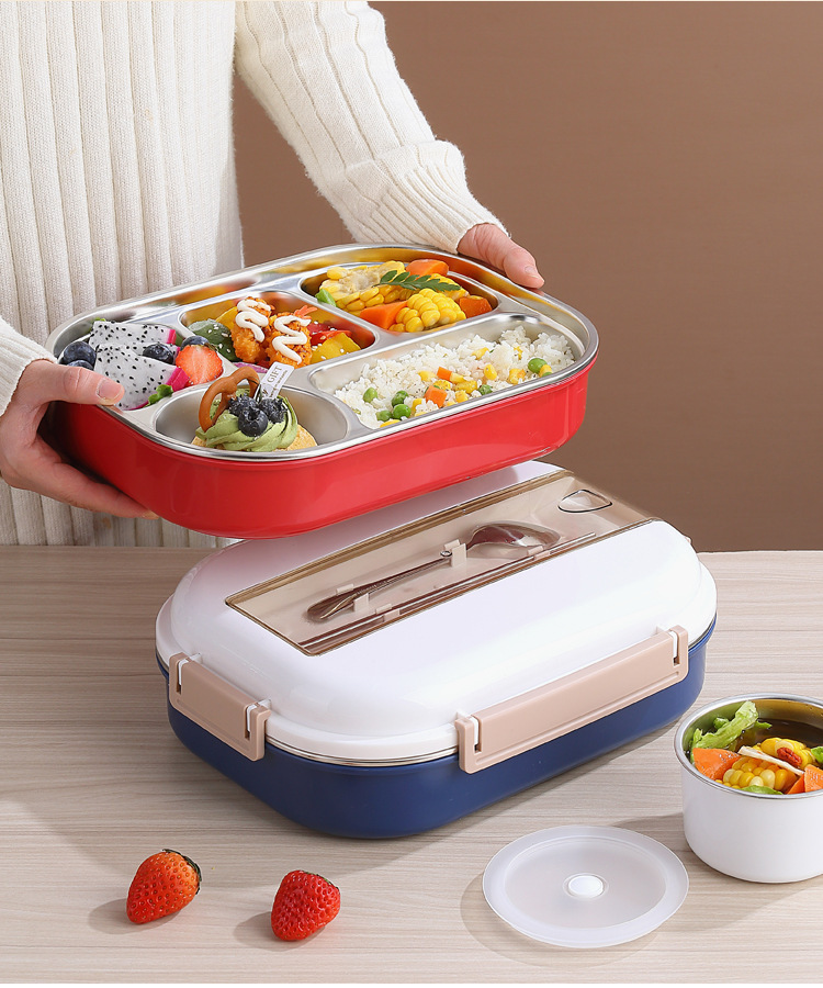 304不锈钢饭盒学生女5格大号保温便当盒大容量上班男餐盘便携餐盒详情13