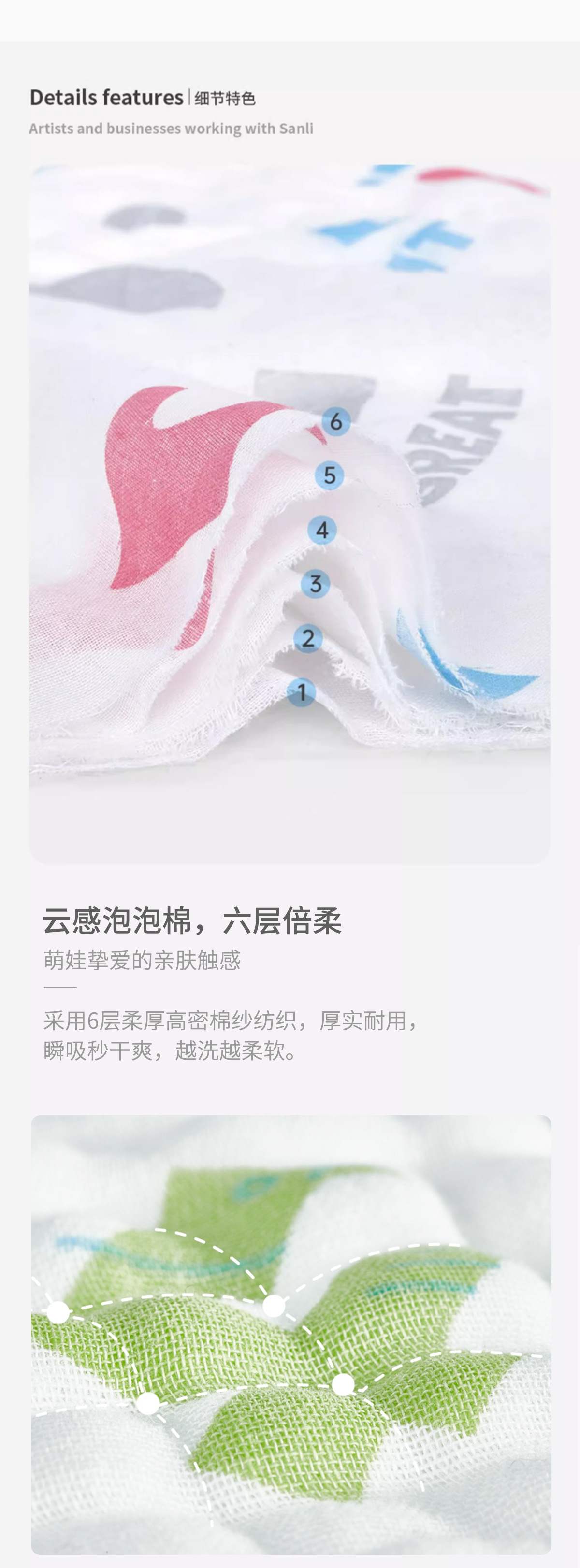 三利毛巾六层纯棉洗脸巾新生婴儿方巾4层纱布口水巾幼儿园小毛巾详情15