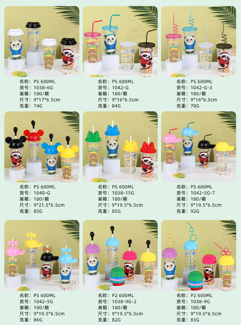 600ml儿童吸管杯批发 卡通熊猫PS塑料杯学生宝宝喝水果汁水杯详情3
