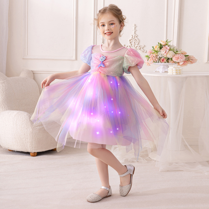 纯棉跨境女童连衣裙独角兽童裙女宝宝蓬蓬裙发光美人鱼公主裙代发详情2