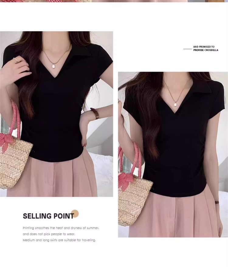 polo collar slimming and form-fitting shoulder T-shirt for women, short sleeve, pure and hot girl, short design with a cinched waist, top for summer pic 36