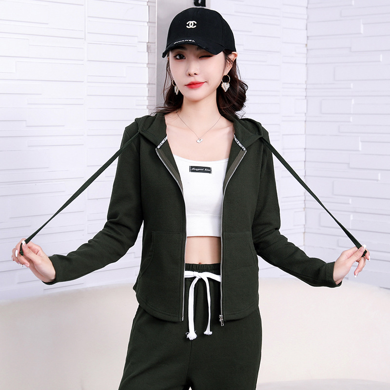 Early spring pure cotton fashionable casual set for women, loose, sporty and slimming straight-leg high-waisted wide-leg pants, zipper hooded jacket pic 71