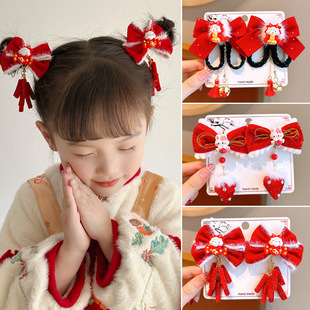 新年款红色古风流苏发夹儿童汉服发卡头饰女童复古蝴蝶结发夹发饰详情15